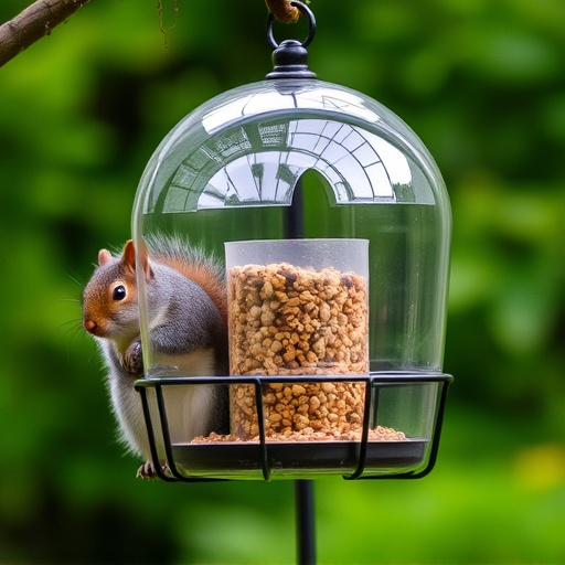Dome-covered feeder deterring grey squirrel