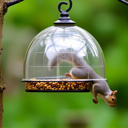 Dome-covered feeder deterring grey squirrel
