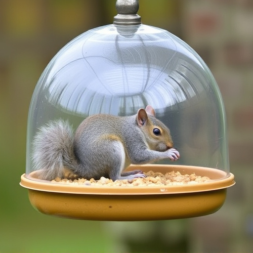 Dome-covered feeder deterring grey squirrel