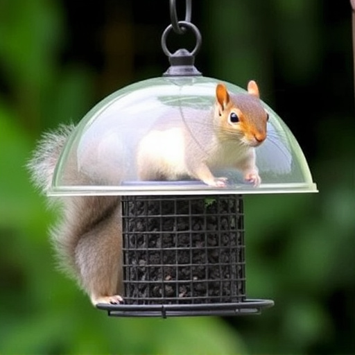 Dome-covered feeder deterring grey squirrel