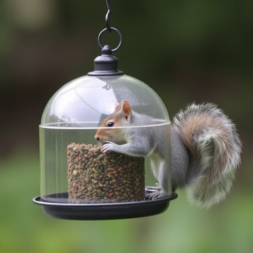 Dome-covered feeder deterring grey squirrel