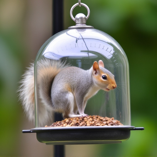 Dome-covered feeder deterring grey squirrel