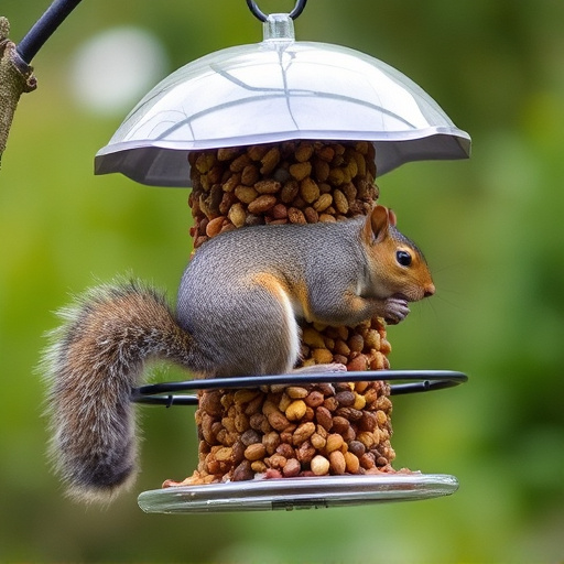 Dome-covered feeder deterring grey squirrel