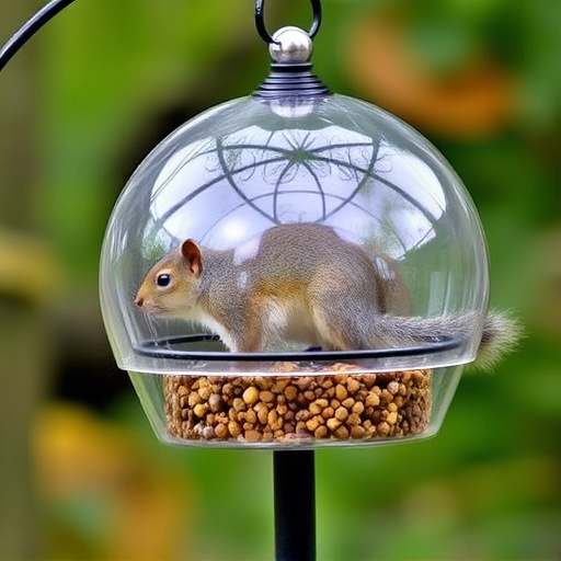 Dome-covered feeder deterring grey squirrel