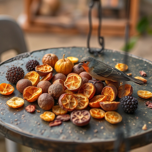 Dried fruits scattered on bird table