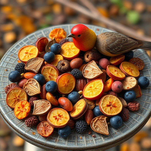 Dried fruits scattered on bird table