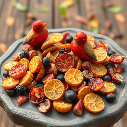 Dried fruits scattered on bird table