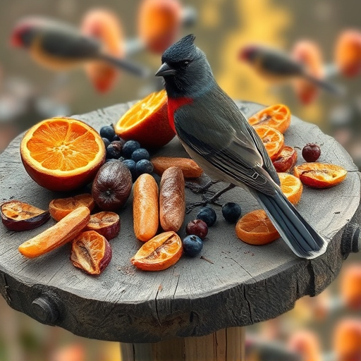 Dried fruits scattered on bird table
