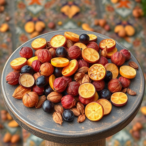 Dried fruits scattered on bird table