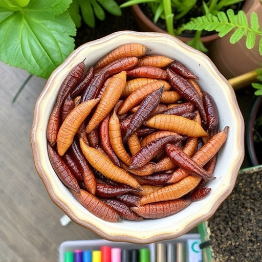 Dried mealworms in small garden dish