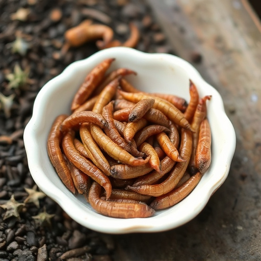 Dried mealworms in small garden dish