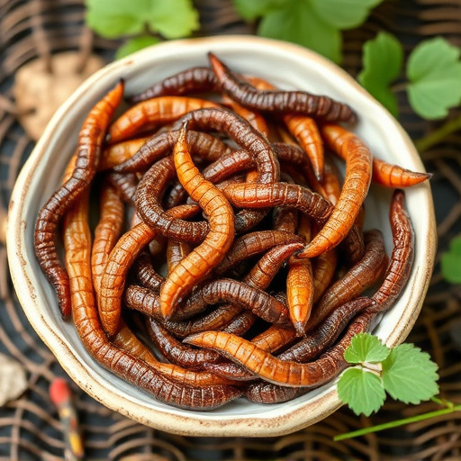 Dried mealworms in small garden dish