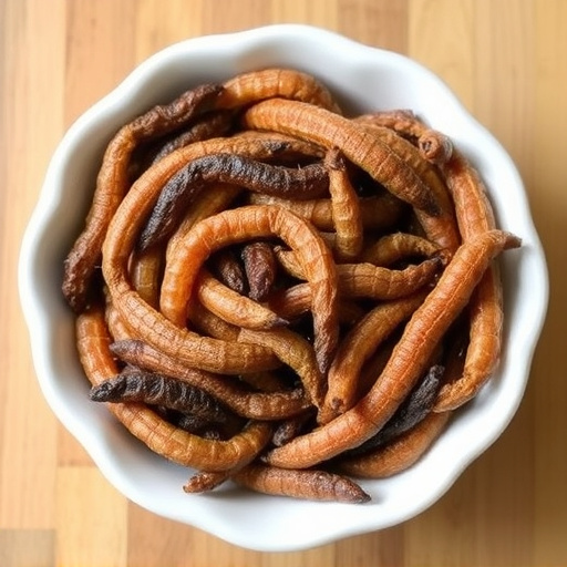 Dried mealworms in small garden dish
