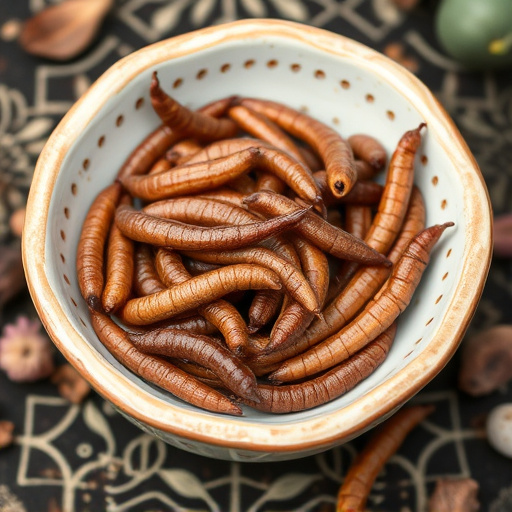 Dried mealworms in small garden dish