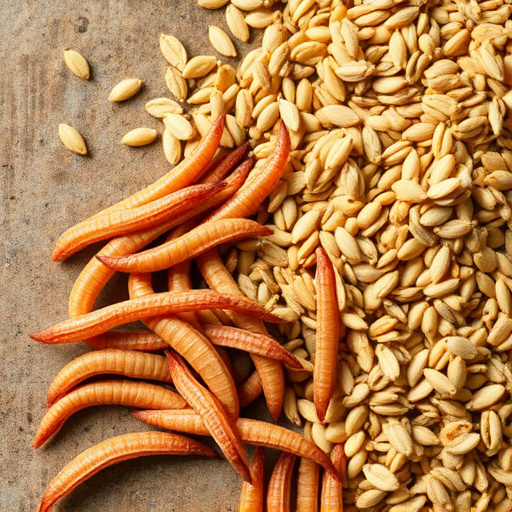 Dried mealworms next to seed mix