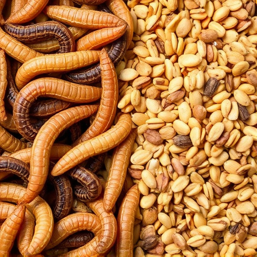 Dried mealworms next to seed mix