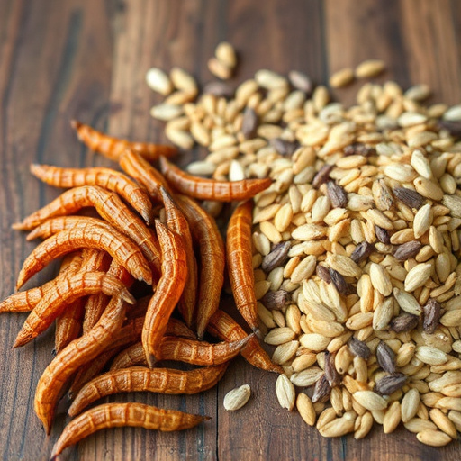 Dried mealworms next to seed mix