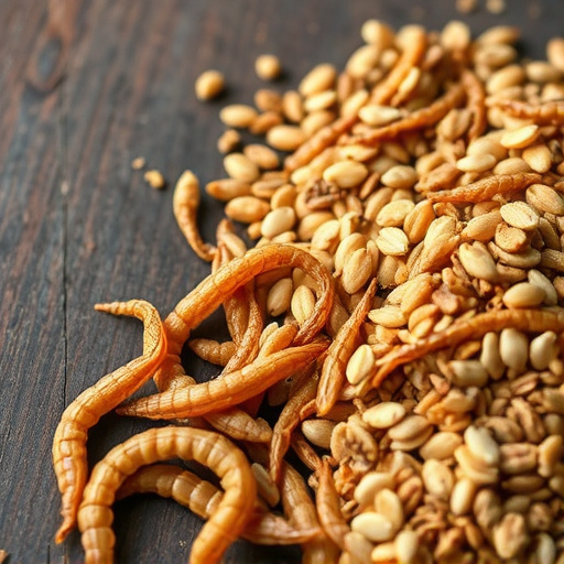 Dried mealworms next to seed mix