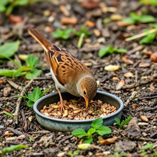 Dunnock foraging beneath ground seed tray