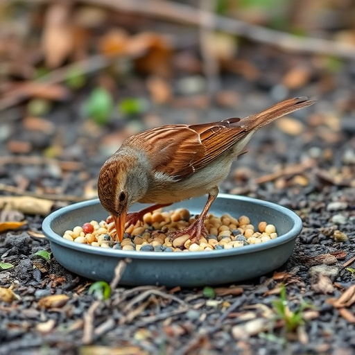 Dunnock foraging beneath ground seed tray