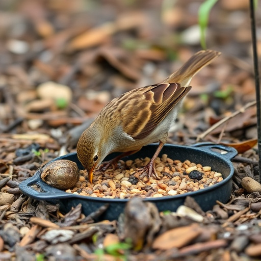 Dunnock foraging beneath ground seed tray