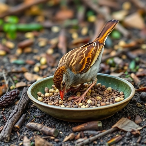 Dunnock foraging beneath ground seed tray