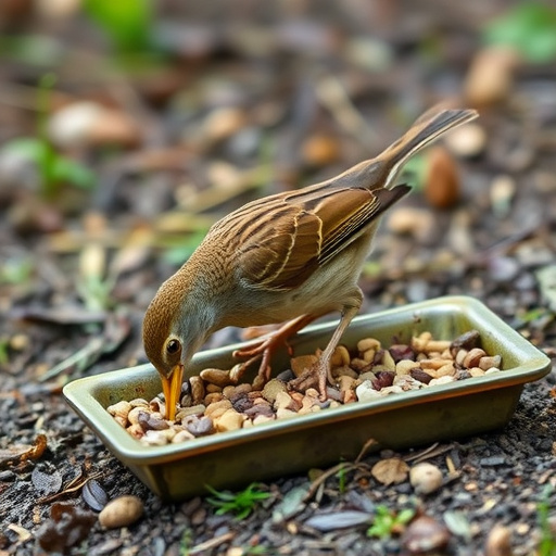 Dunnock foraging beneath ground seed tray