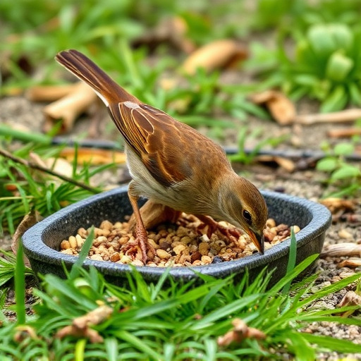 Dunnock foraging beneath ground seed tray