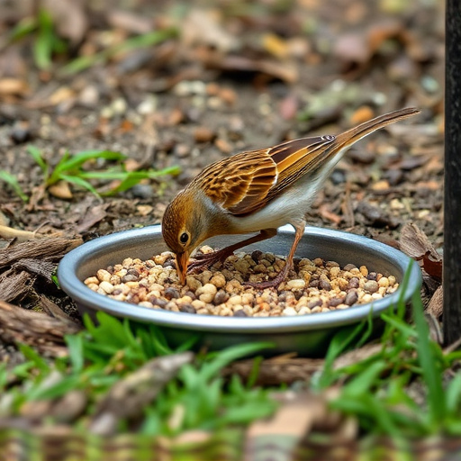 Dunnock foraging beneath ground seed tray
