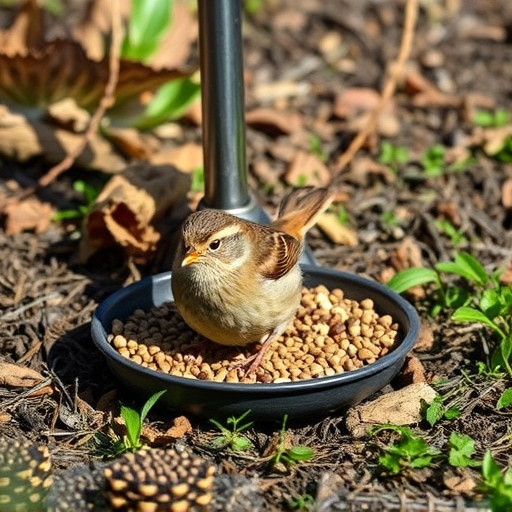 Dunnock foraging beneath ground seed tray