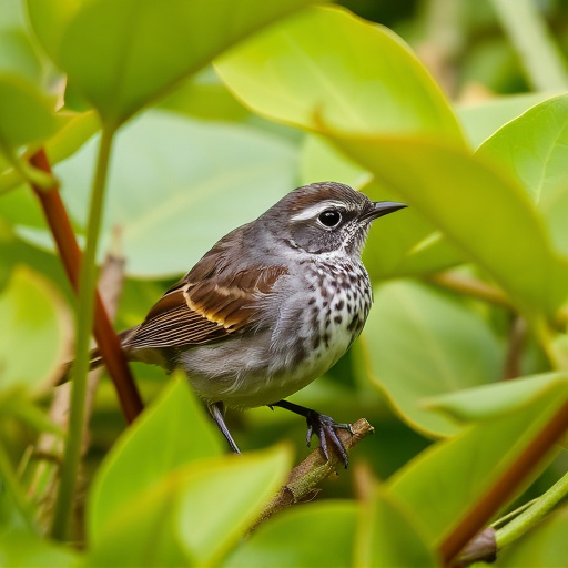 Dunnock hiding among garden leaves