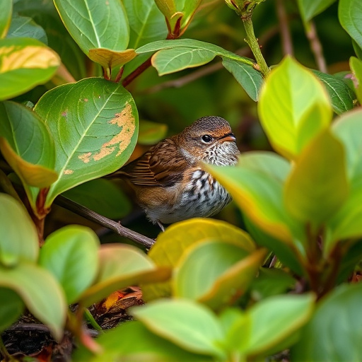 Dunnock hiding among garden leaves