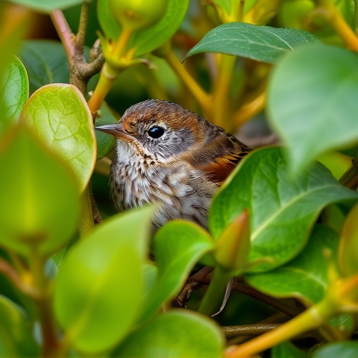 Dunnock hiding among garden leaves