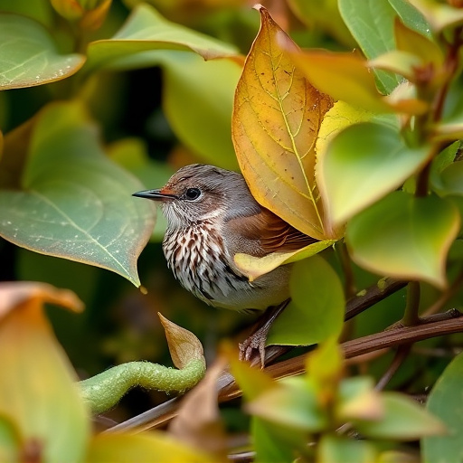 Dunnock hiding among garden leaves