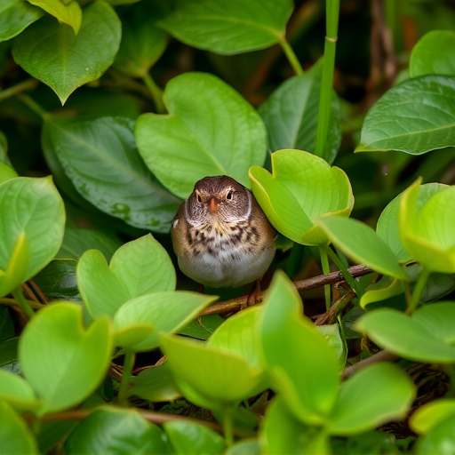Dunnock hiding among garden leaves