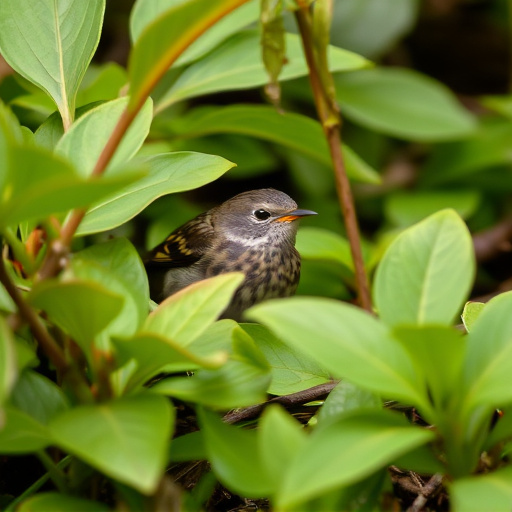 Dunnock hiding among garden leaves