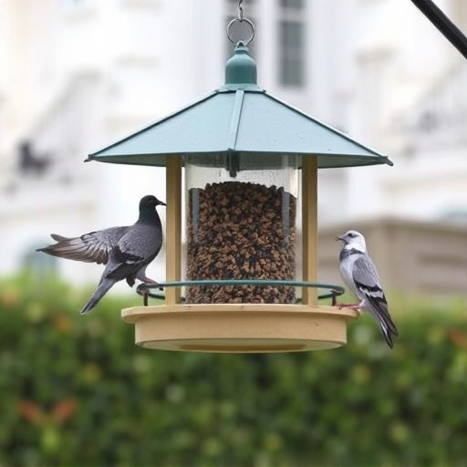 Elevated feeder with pigeon deterrent baffle