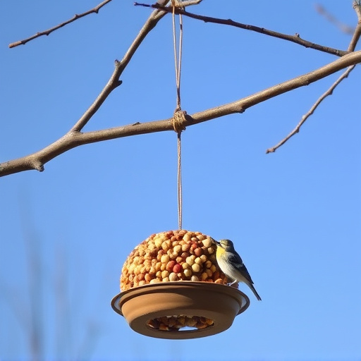 Fat ball bird feeder hanging from branch