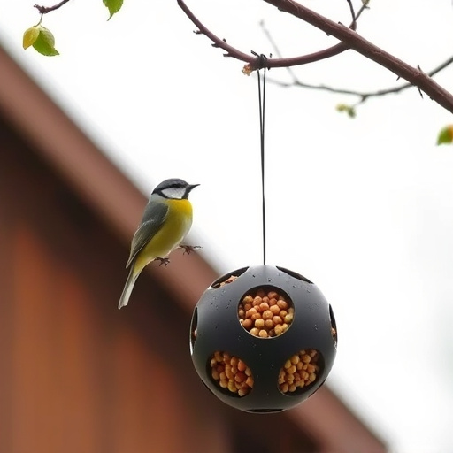 Fat ball bird feeder hanging from branch