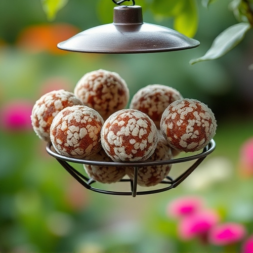 Fat balls hanging on garden feeder