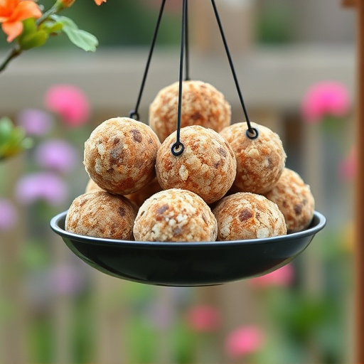 Fat balls hanging on garden feeder