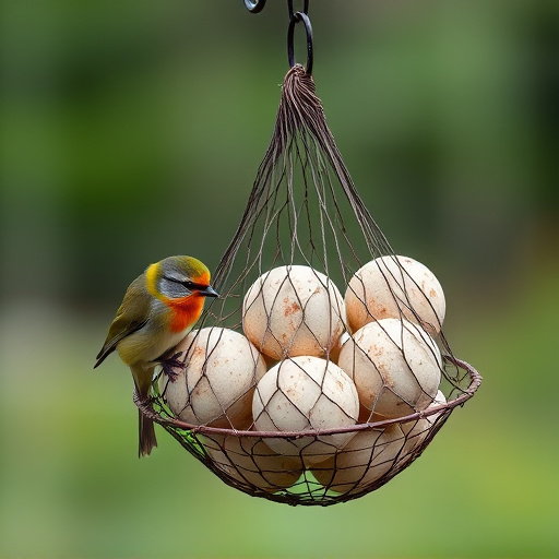 Fat balls in mesh feeder with tits