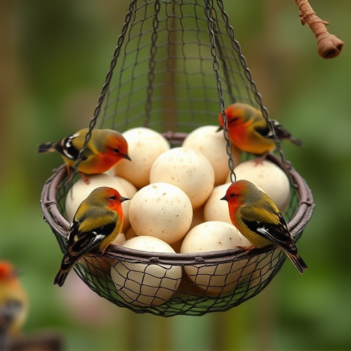 Fat balls in mesh feeder with tits