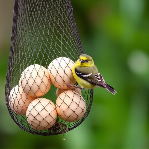 Fat balls in mesh feeder with tits