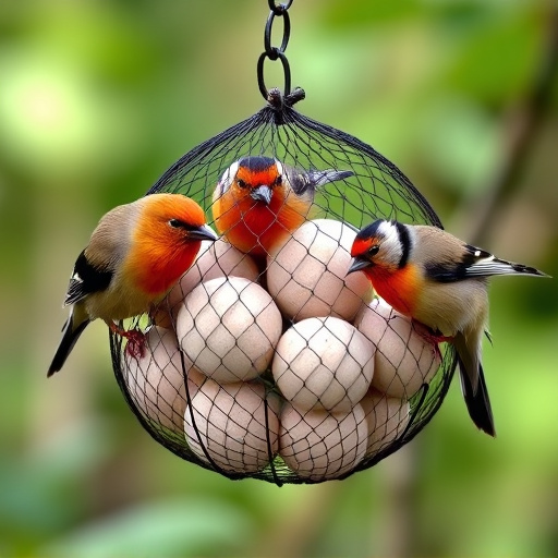Fat balls in mesh feeder with tits
