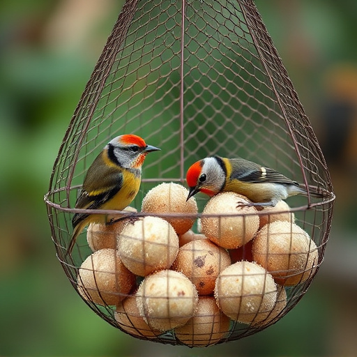 Fat balls in mesh feeder with tits