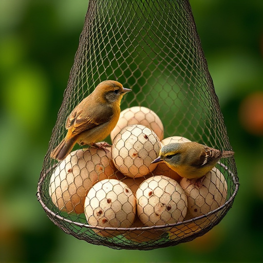Fat balls in mesh feeder with tits