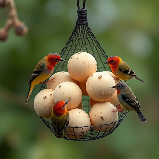 Fat balls in mesh feeder with tits