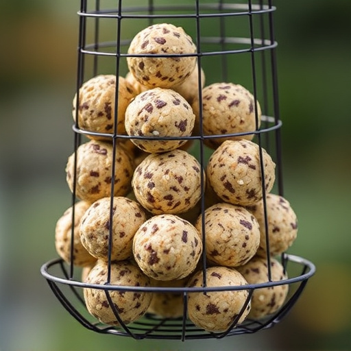 Fat balls stacked in wire bird feeder