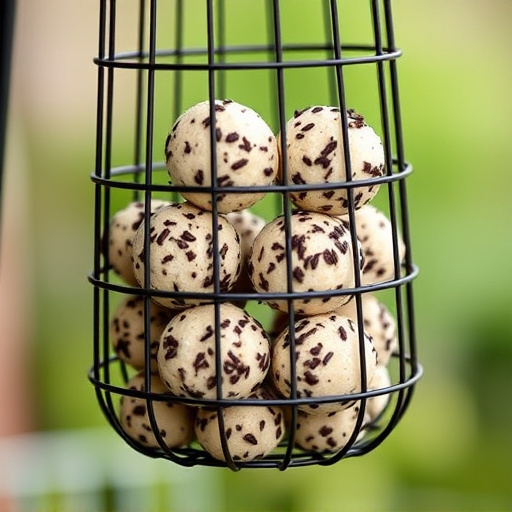 Fat balls stacked in wire bird feeder